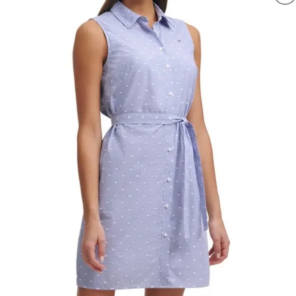 Tommy Hilfiger Blue and White Sleeveless Polo Collar Mini Dress
